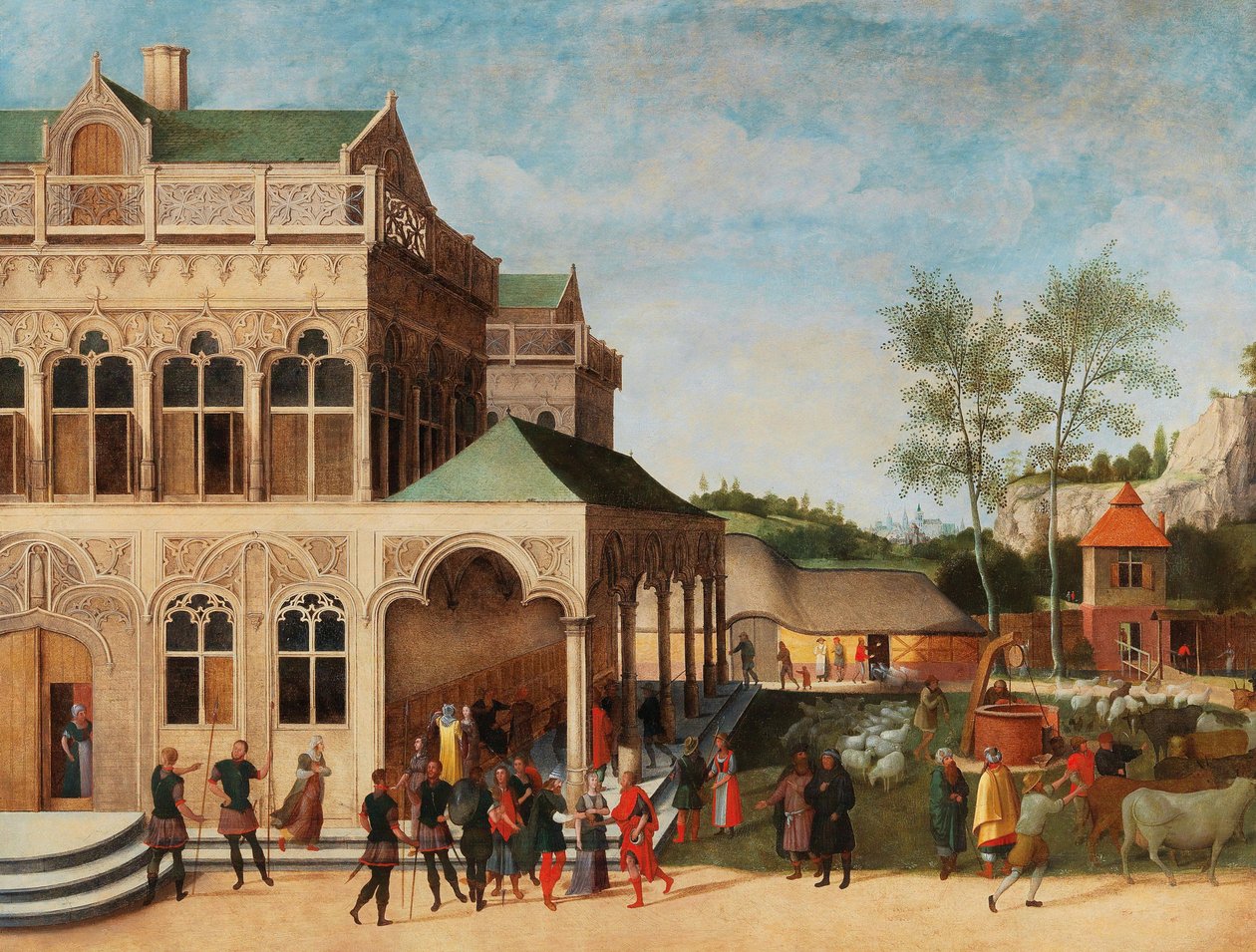 En elegant loggia med Isaacs forslag til Rebecca, 1616. af Abel Grimmer