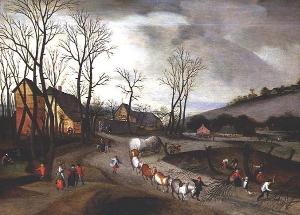 Vinterlandskab med bønder, der pollarer af Abel Grimmer or Grimer