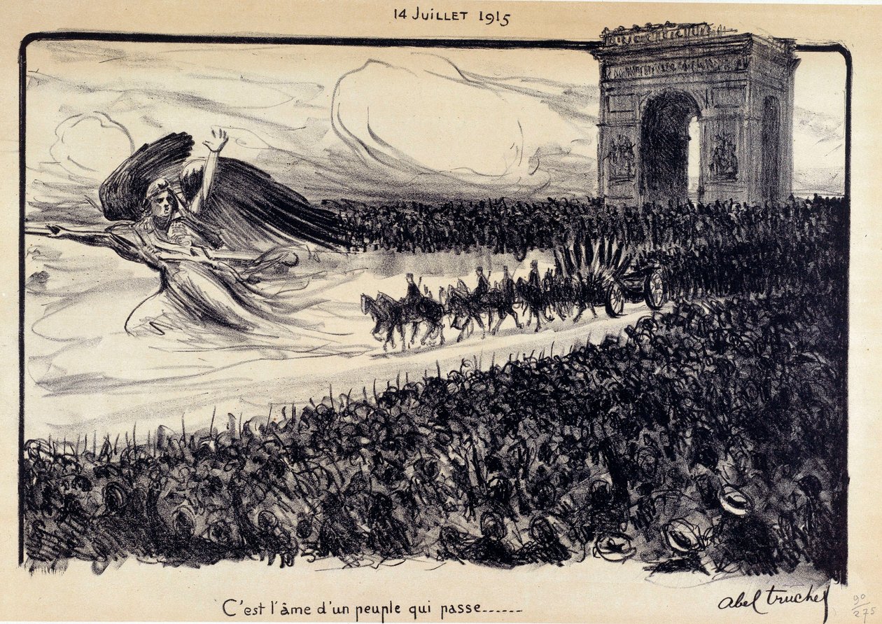 Første Verdenskrig: "" Det er sjælen af et forbipasserende folk"" Fejring af 14/07/1915. Allegorien om Republique, der leder folket før Triumfbuen i Paris. Tegning af Abel Truchet (1857-1918) af Abel Truchet