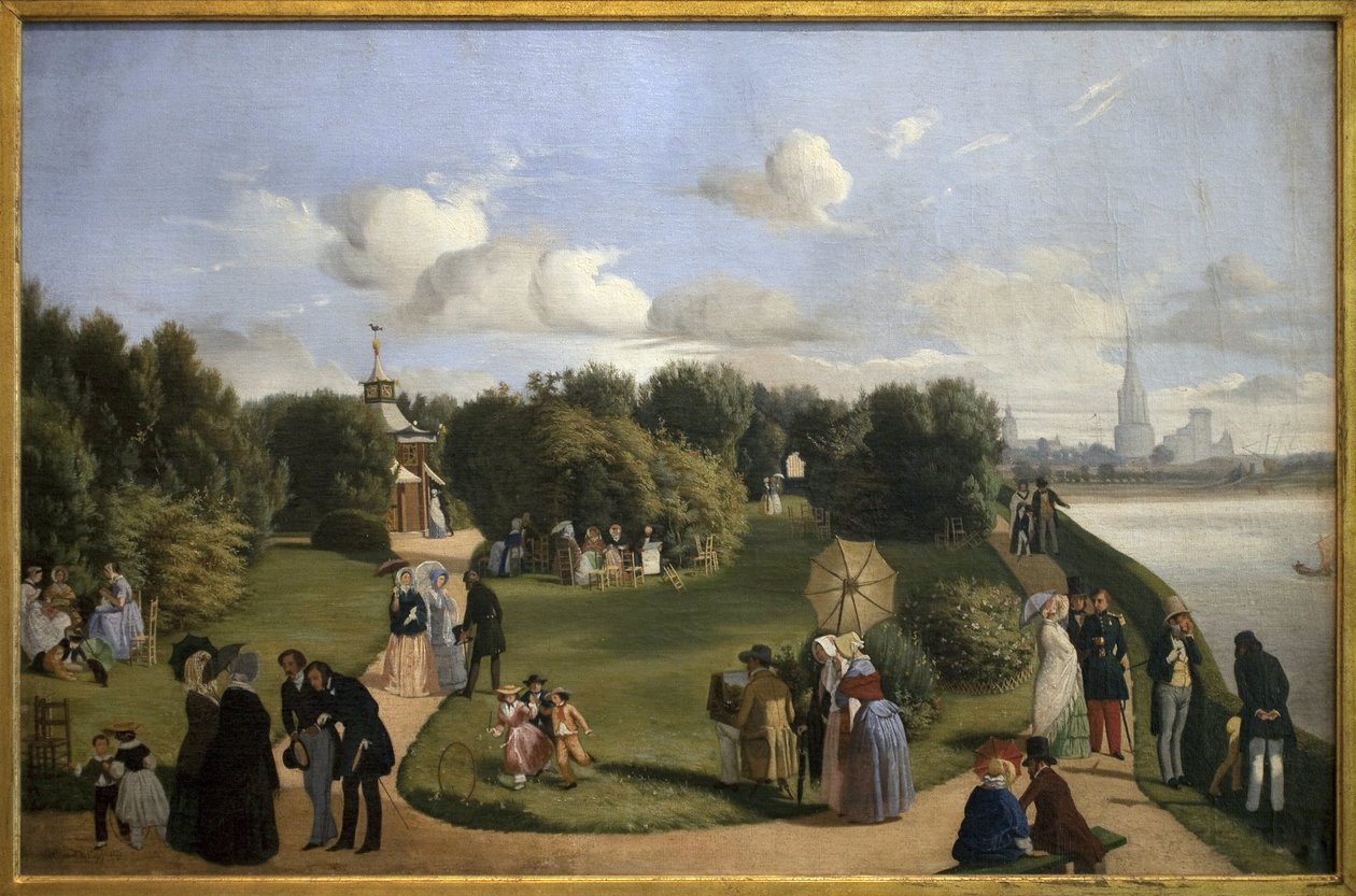 Udsigt over Rochelle (badets have Marie Therese). Borgerskabets karakterer i en park: par, der chatter på en bænk, mænd, der hilser på damer, barn leger med en bøjle... Maleri af Alexandre Abel de Pujol (1785-1861), olie på lærred af Abel de Pujol