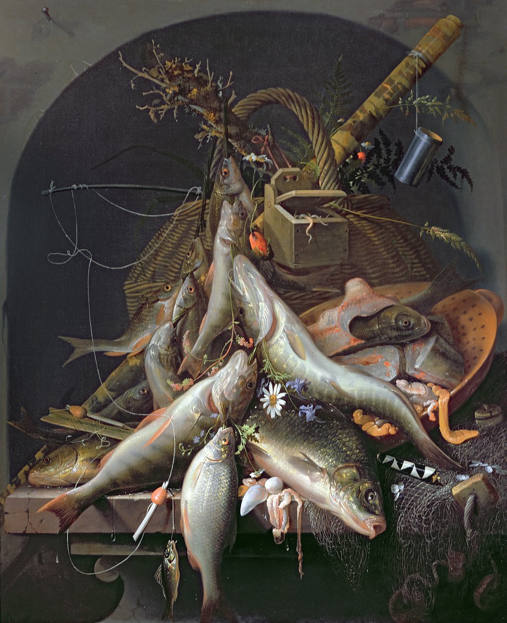 Et stilleben af fisk og fiskegrej af Abraham Mignon