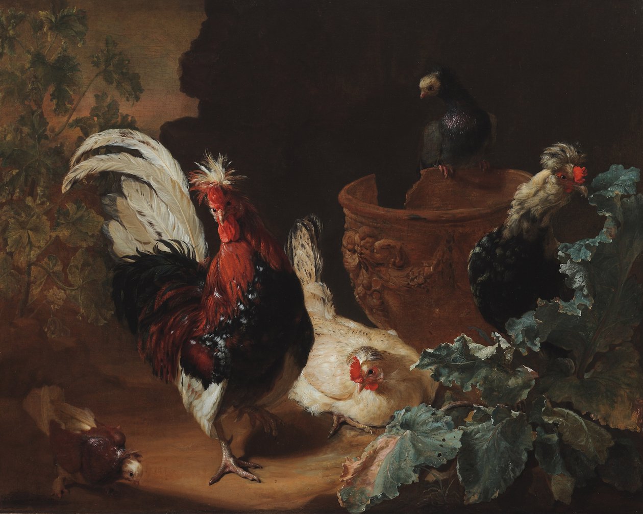 En hane, to høns og to duer ved en antik skåret terracotta vase i et landskab, 1695 af Abraham Bisschop
