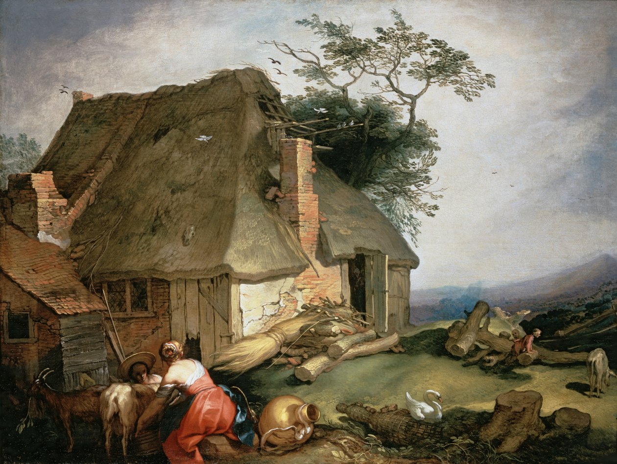 Et sommerhus med bønder, der malkede geder af Abraham Bloemaert