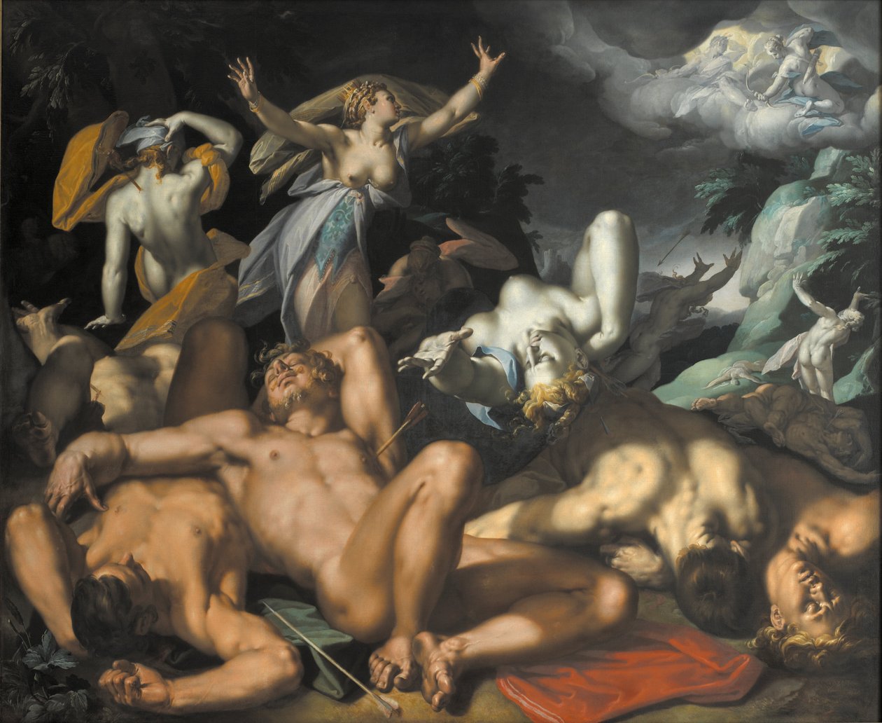 Apollo og Diana straffer Niobe ved at dræbe hendes børn af Abraham Bloemaert