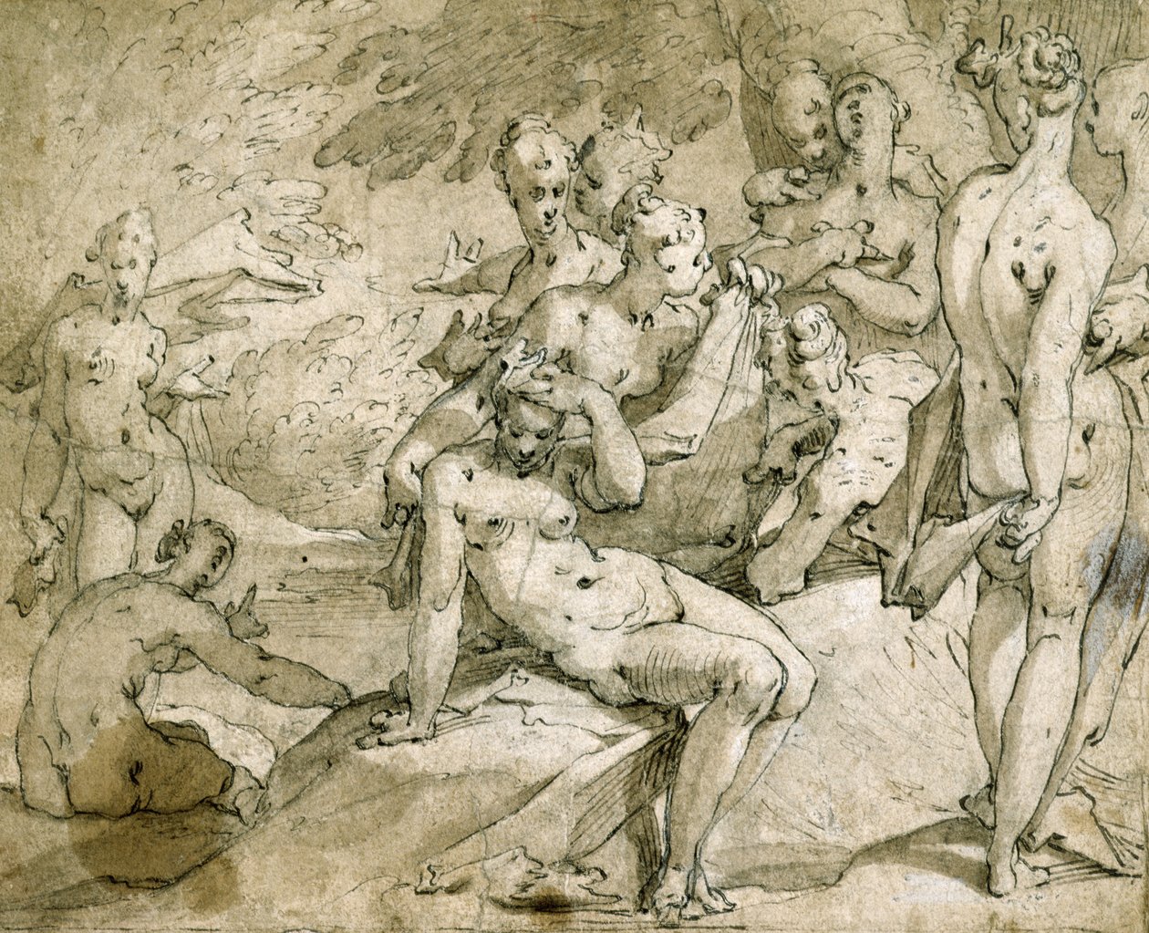 Nr. 3146 Diana og Callisto, ca. 1595, (blæk og vask) af Abraham Bloemaert
