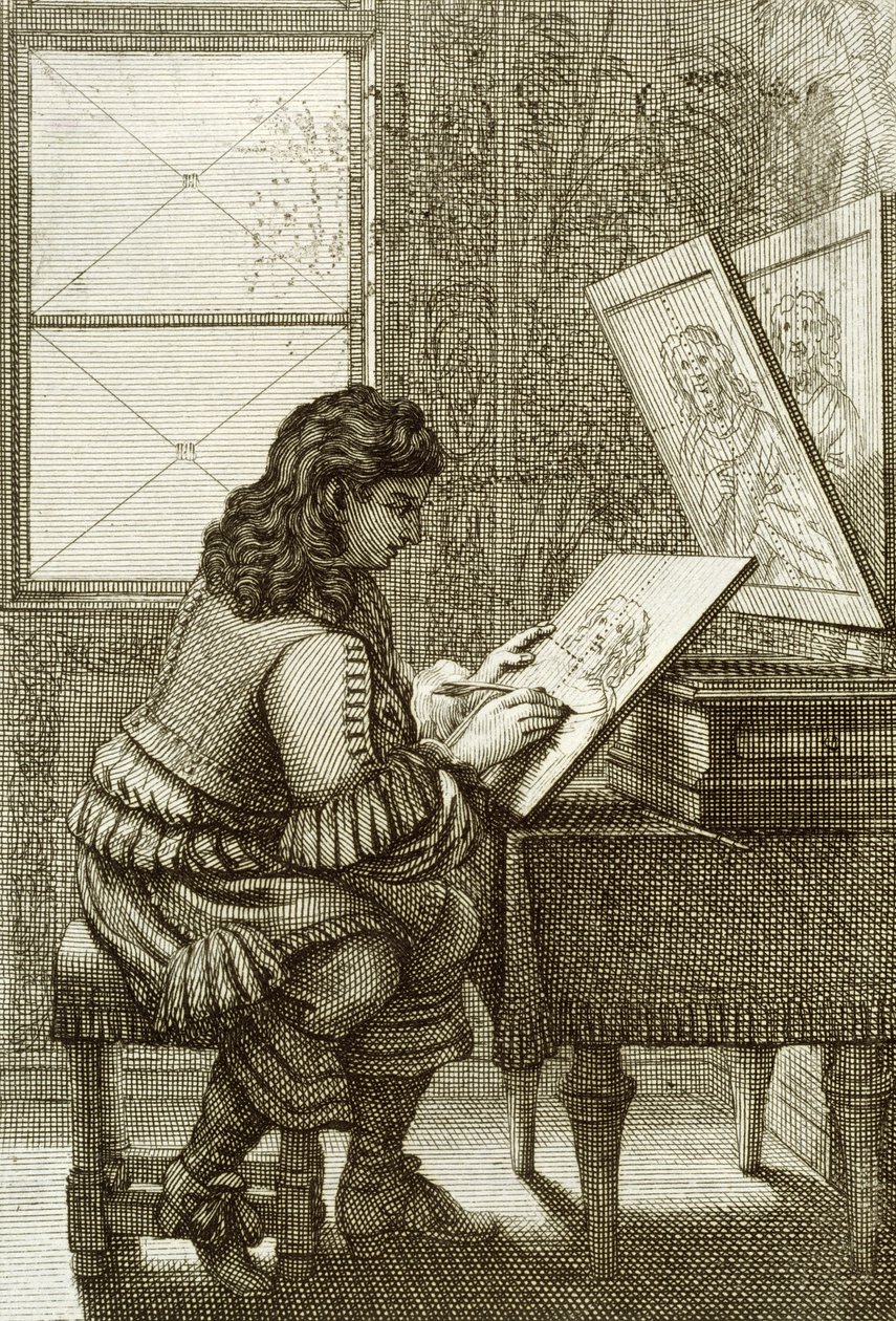 En kunstner kopierer på en stikplade, trykt i 1737 af Abraham Bosse