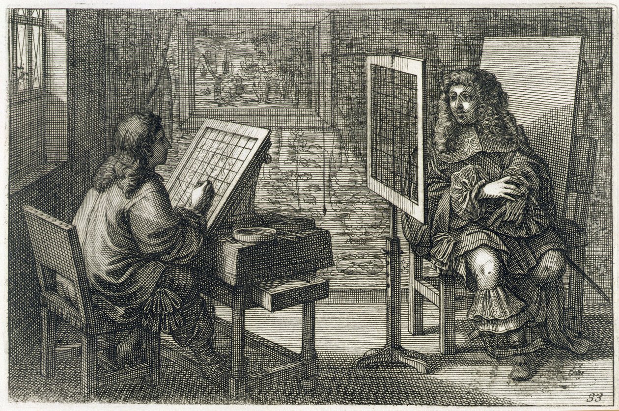 Kunstner, der maler et portræt over et gitter for nøjagtige proportioner, trykt i Paris 1737 af Abraham Bosse