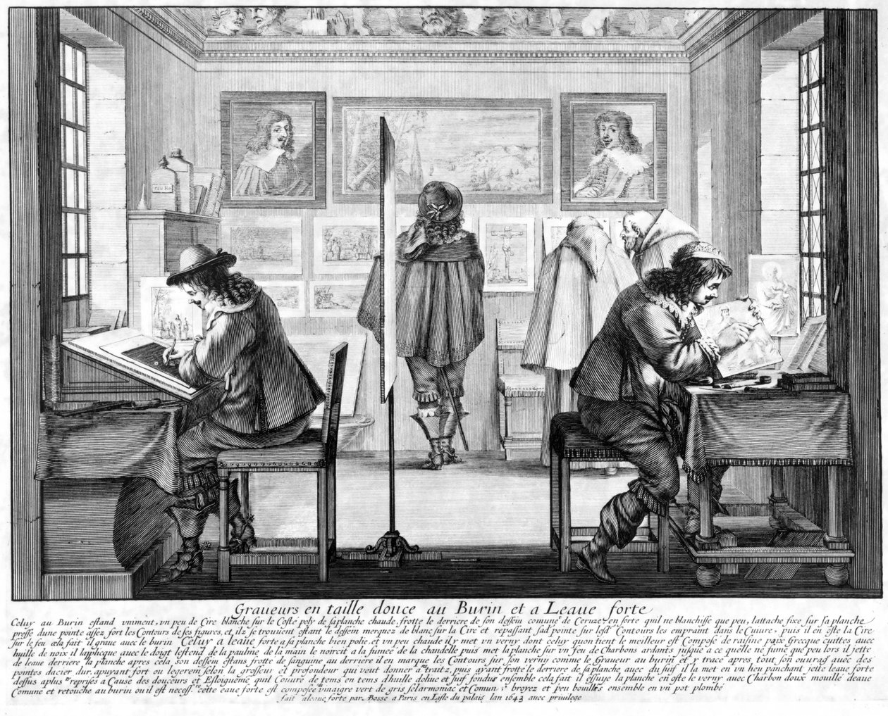 Pladegravører arbejder med galleri bagved, 1643 af Abraham Bosse