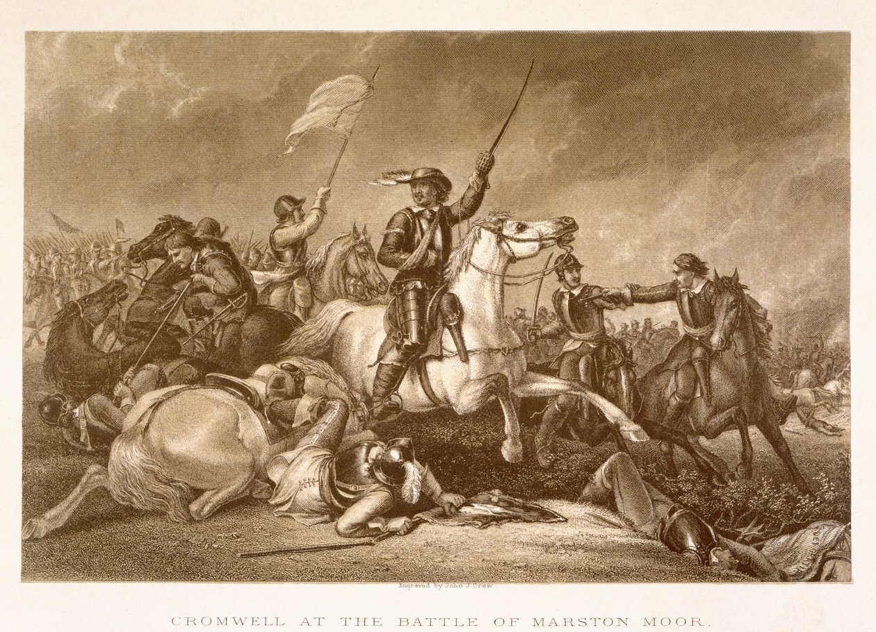 Cromwell leder angrebet efter at være blevet såret i sin højre arm i slaget ved Marston Moor, 2. juli 1644, indgraveret af John Crew af Abraham Cooper