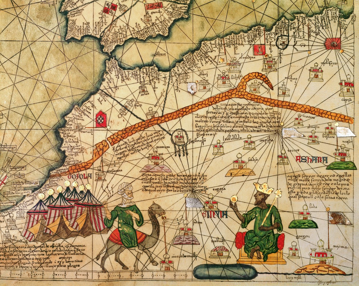 Detalje af kopi af et catalansk kort over Europa og Nordafrika, præsenteret for Charles V af Frankrig i 1381 af Abraham Cresques