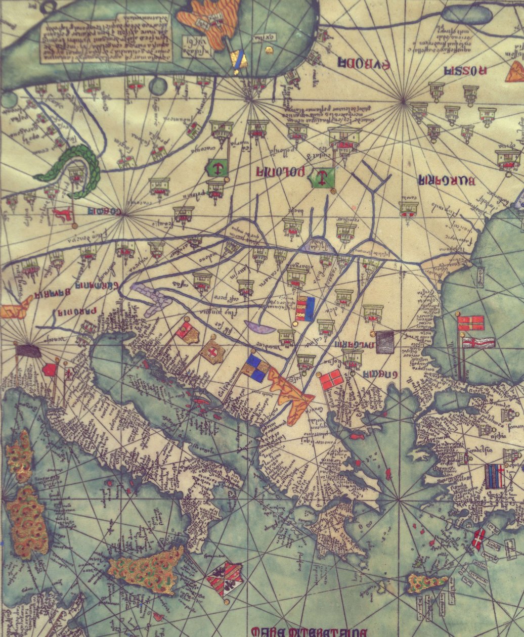 Kort over Østeuropa, udsigt fra syd. Catalansk Atlas. af Abraham Cresques
