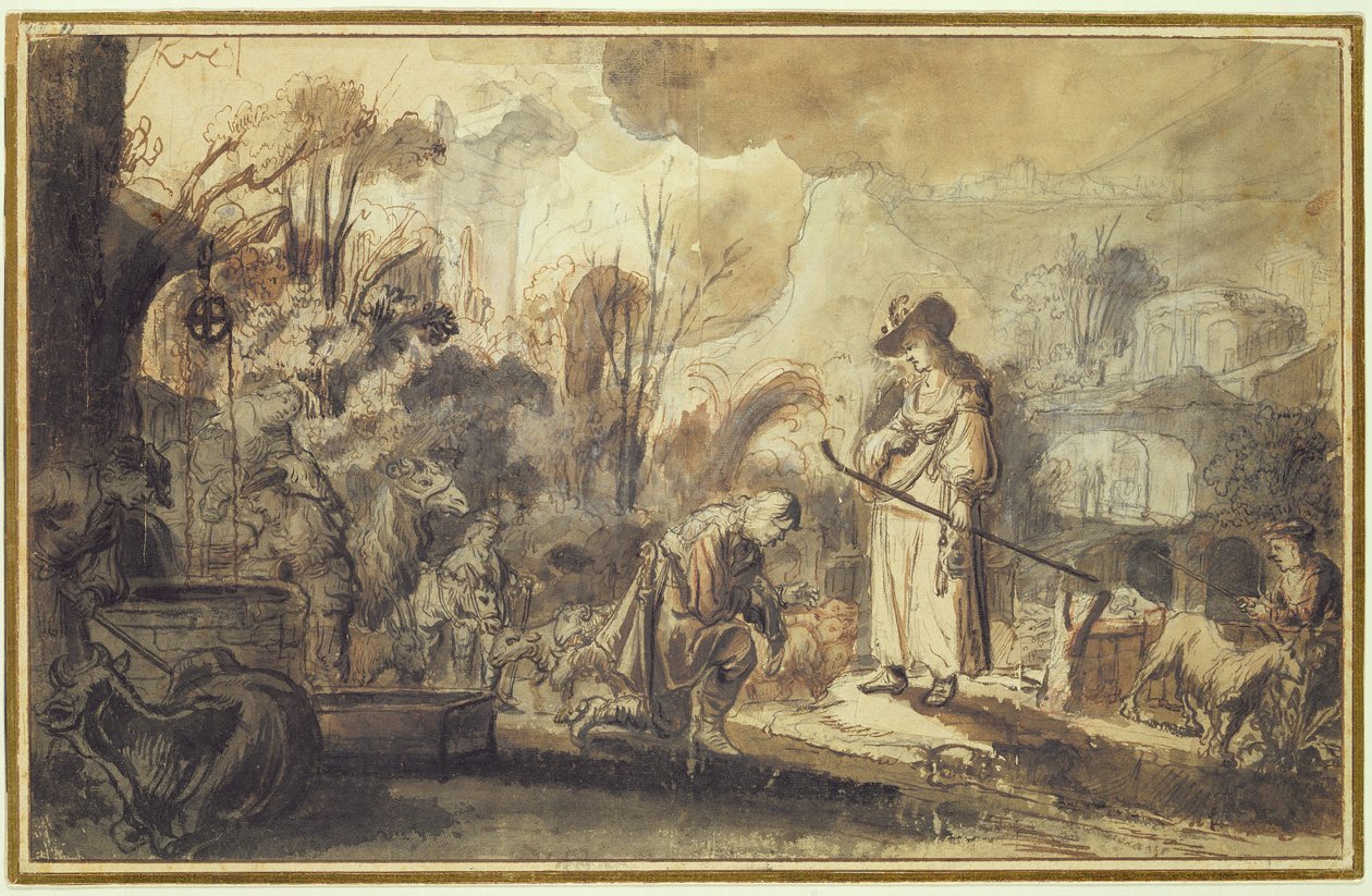 Eliezer og Rebecca ved brønden (pen og blæk skylles over blyant og rødt kridt på papir) af Abraham Furnerius