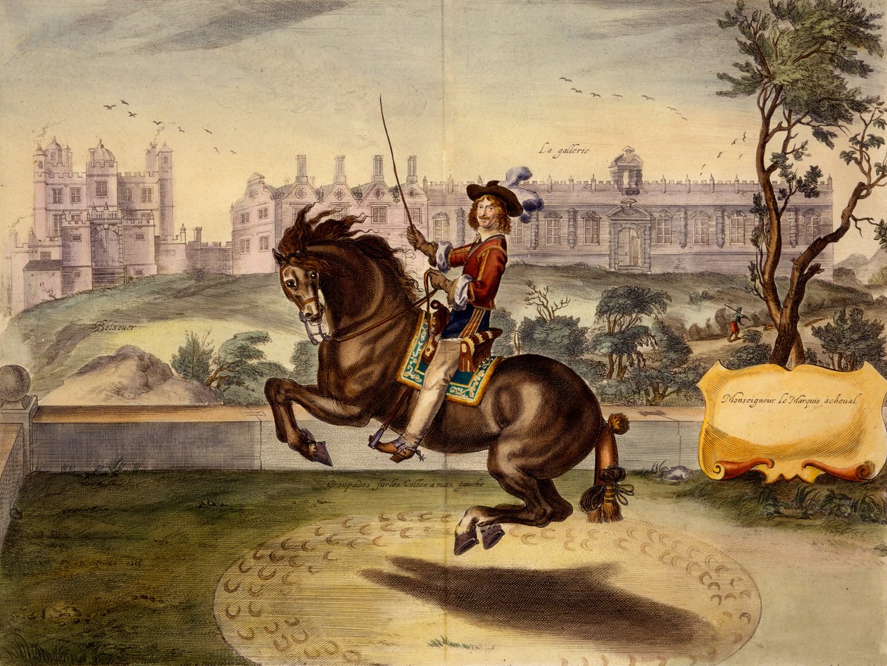 Cavendish udfører volte, med Bolsover Castle og dens Manege-blok i baggrunden, fra The Method and New Invention of Dressing Horses af William Cavendish, udgivet 1737 (2nd edn) (akvatint) af Abraham van Diepenbeeck