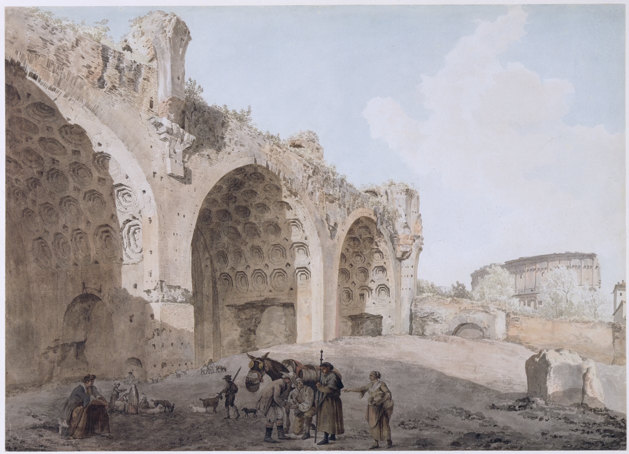 Udsigt i Forum Romanum (Fredens Tempel) 1779 (wc med pen og blæk over blyant på papir) af Abraham Louis Rudolph Ducros