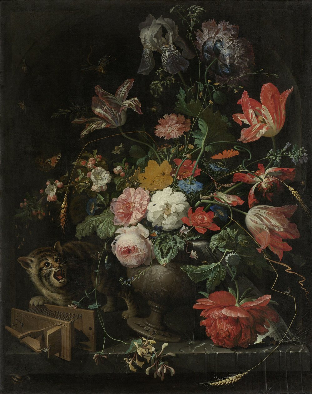 Blomsterstilleben med kat- og musefælde af Abraham Mignon
