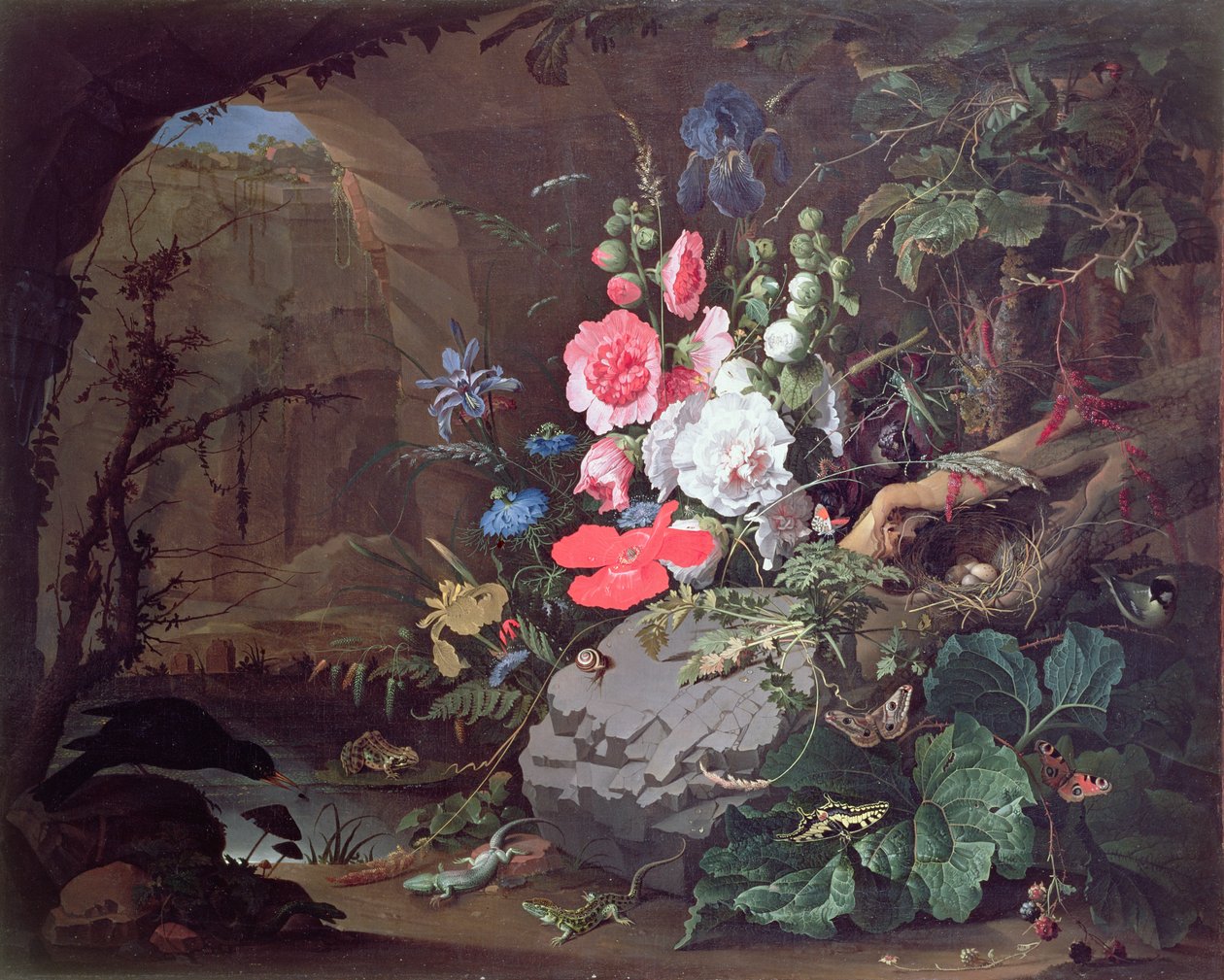 Blomster og fugle i en hule af Abraham Mignon