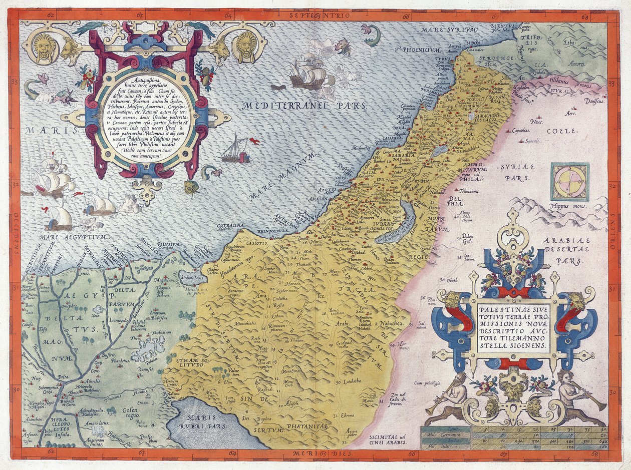 Kort over Palæstina, fra Theatrvm Orbis Terrarvm, 1570 (håndfarvet gravering) af Abraham Ortelius