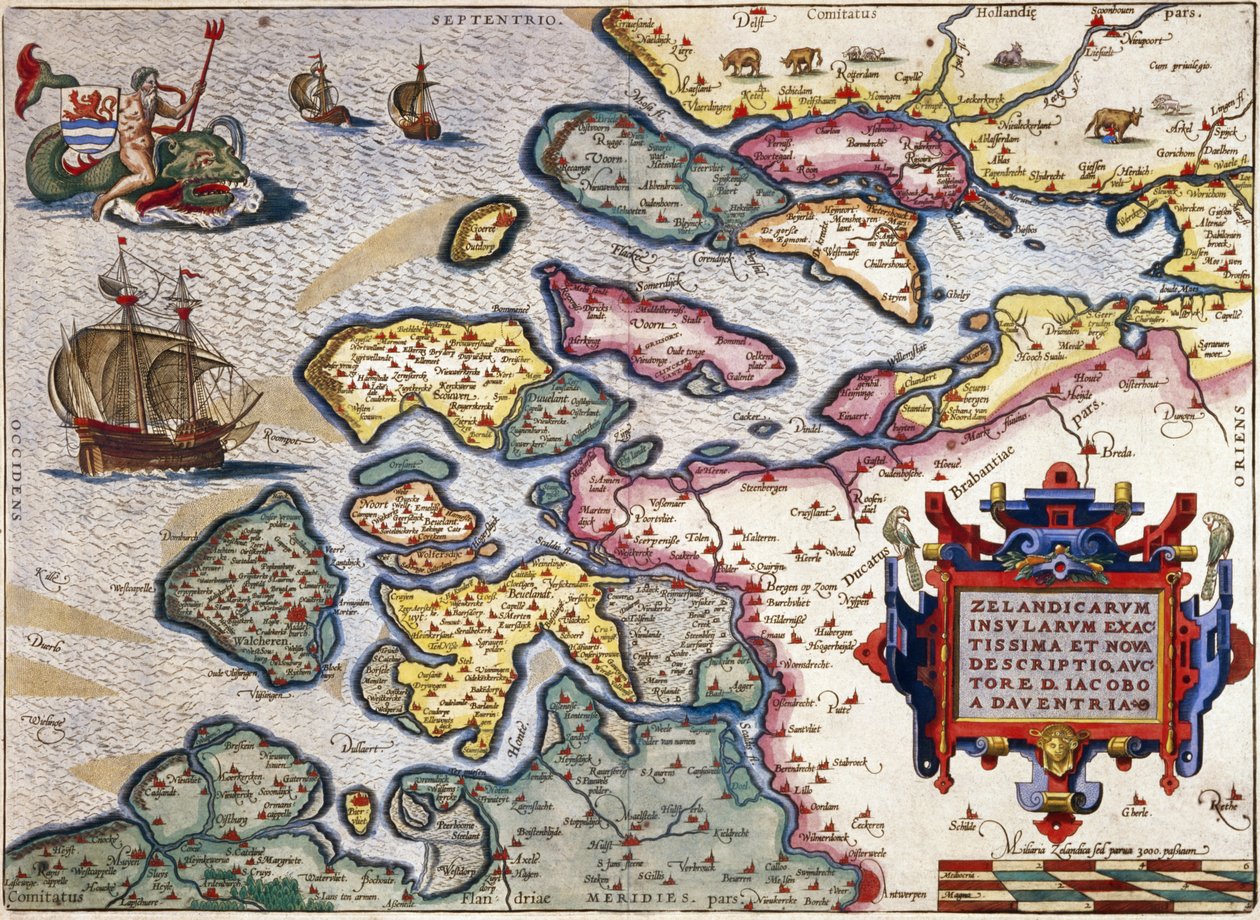 Kort over Zeeland, ca. 1560 (håndfarvet gravering) af Abraham Ortelius