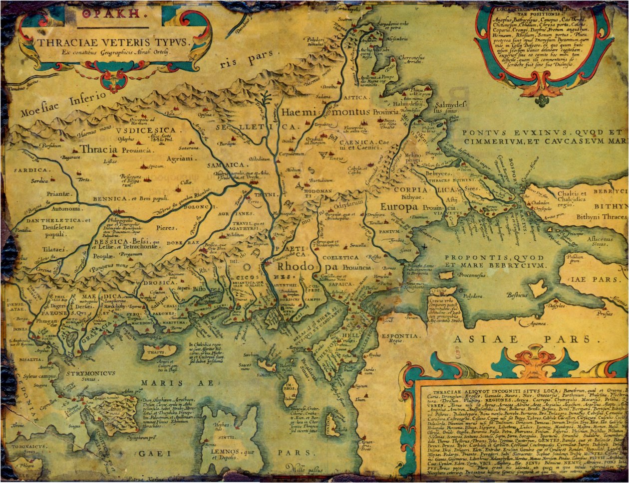 Gammelt, historisk kort over det gamle Thrakien, for det meste på latin og meget få græske, lavet i 1585. Kortet viser også en del af mindre asien, Moesia inferior og det gamle Grækenland sammen med nogle øer i Ægæerne. Der er en vis anakronisme på kortet, af Abraham Ortelius