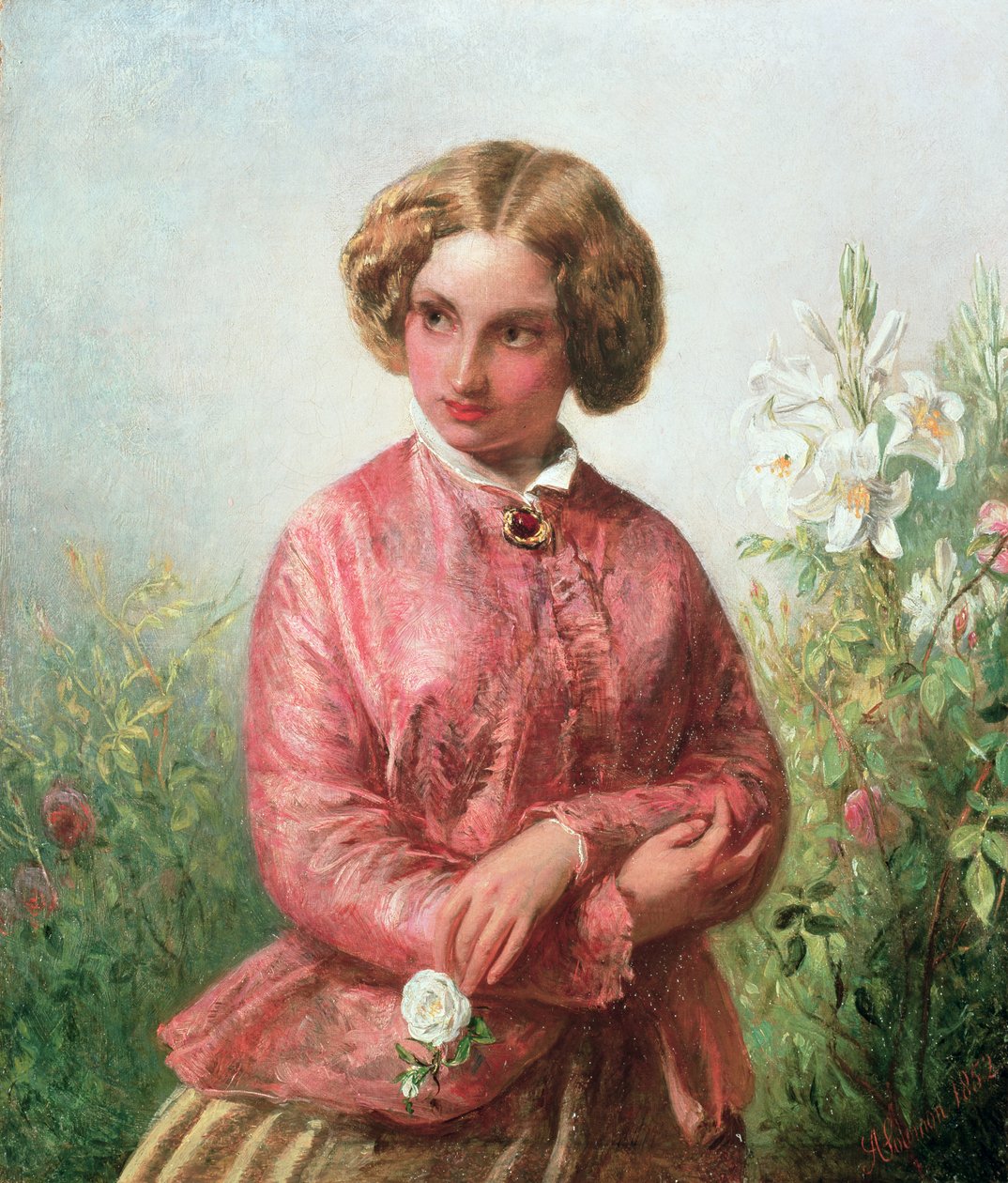 Portræt af en ung pige med en rose af Abraham Solomon