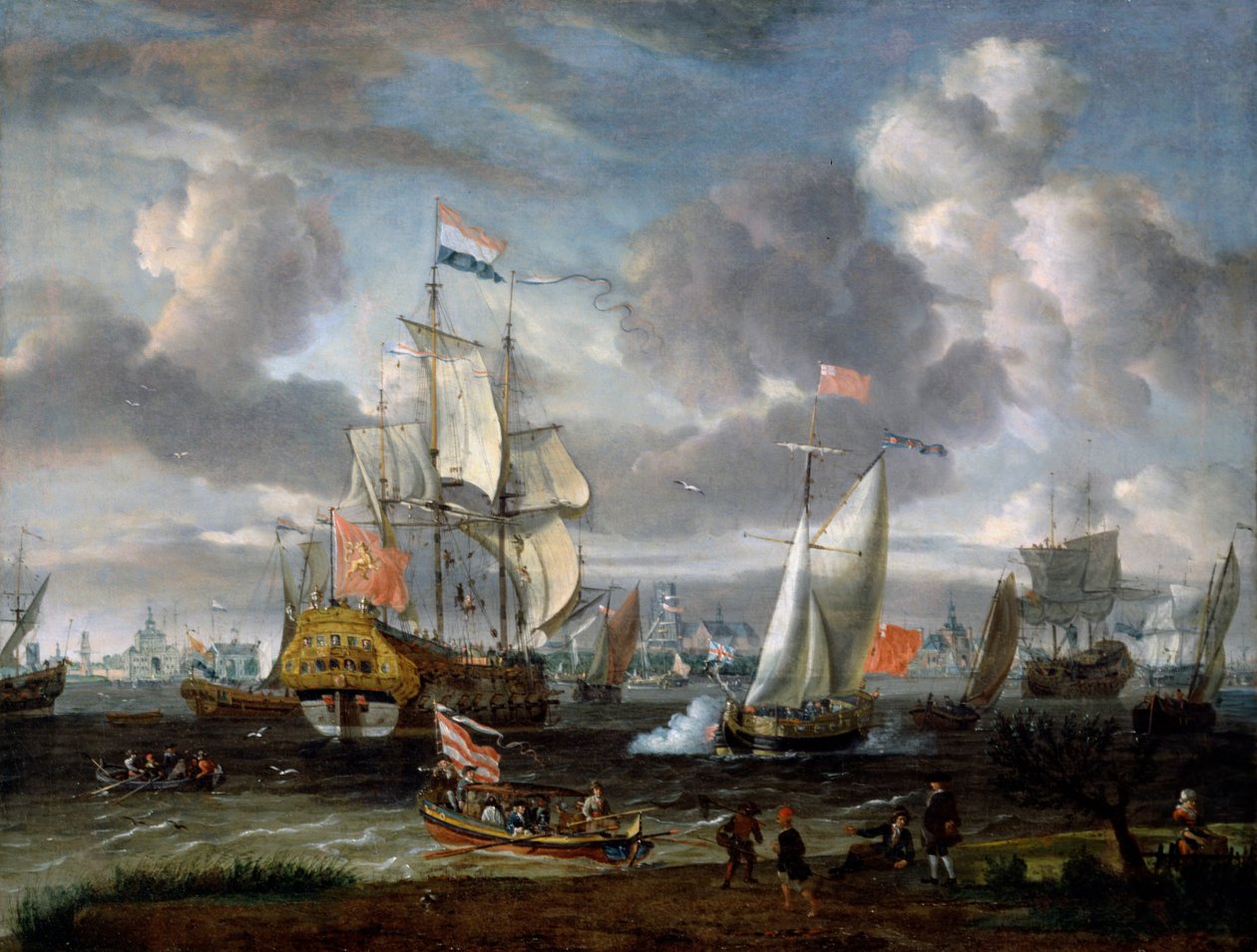 En engelsk yacht, der hylder en hollandsk krigsmand i havnen i Rotterdam af Abraham Storck