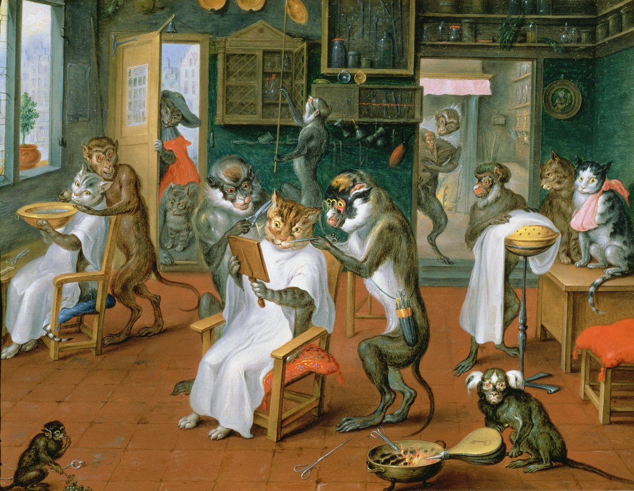 Frisørsalon med aber og katte (olie på kobber) af Abraham Teniers