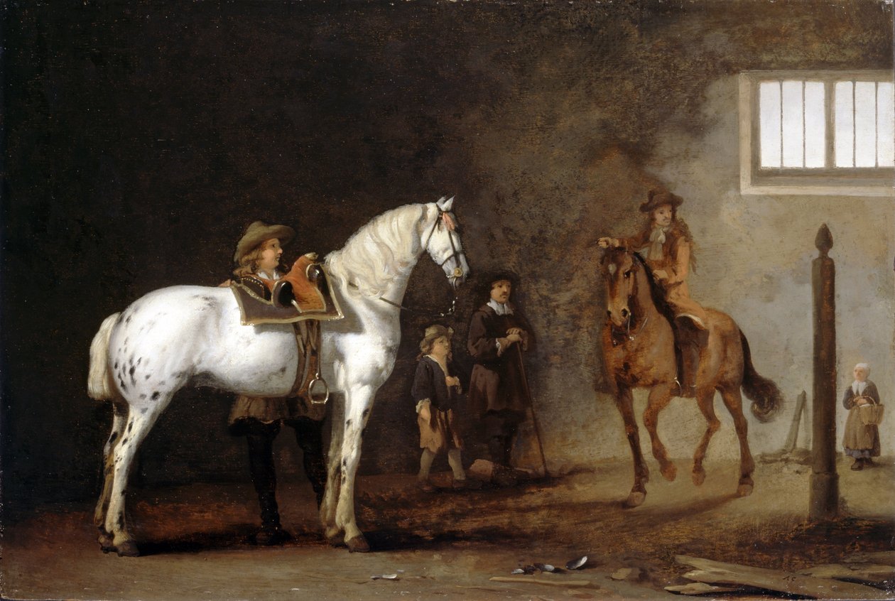 Hvid hest i en rideskole af Abraham van Calraet