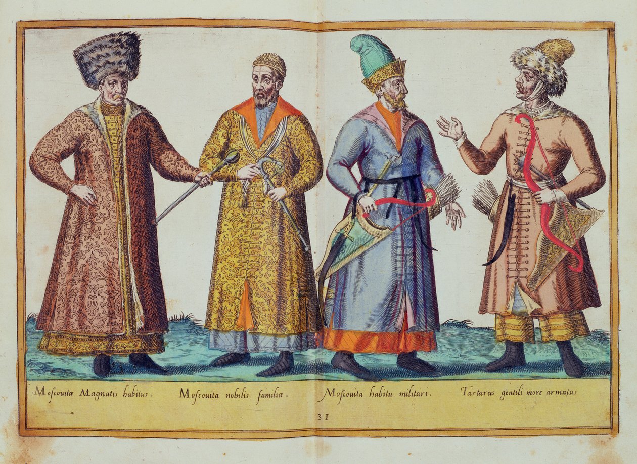 Kostumer fra det sekstende århundrede fra "Omnium Poene Gentium Imagines", udgivet i Köln 1577 (håndkoloreret stik) af Abraham de Bruyn
