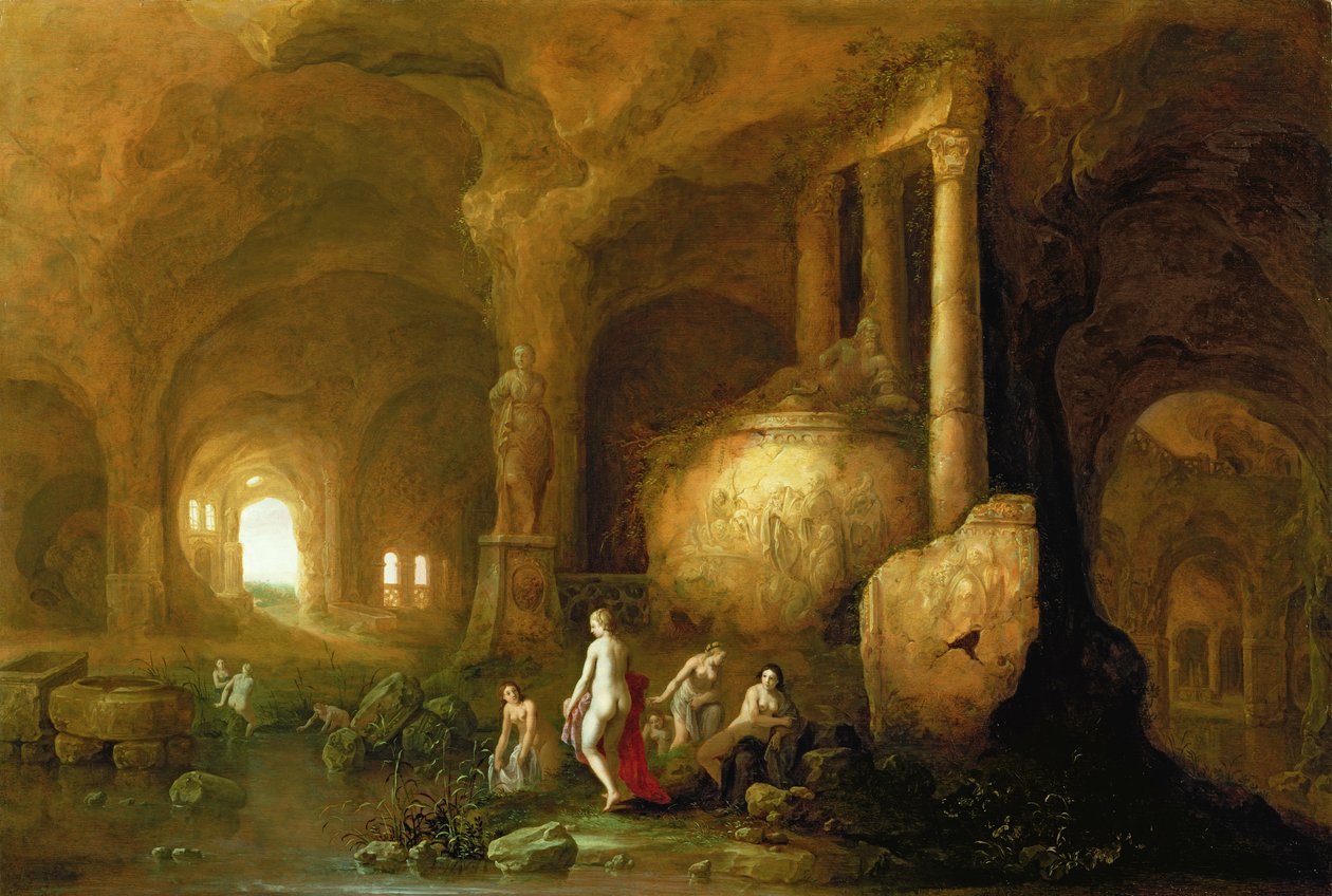 Nymfer, der bader ved klassiske ruiner af Abraham van Cuylenborch