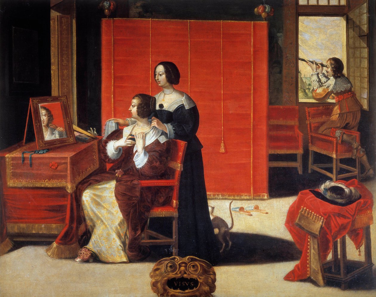 The Five Senses: The View En ung kvinde foran sit spejl, mens en mand bruger en astronomisk bezel. Maleri af Abraham Bosse (1602-1676). 17. århundrede. Rundvisninger, Museum of Fine Arts af Abraham (after) Bosse