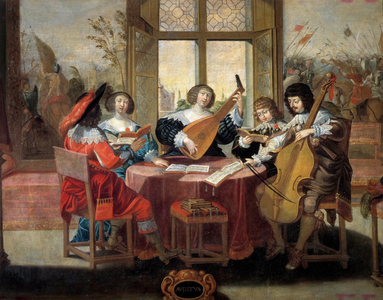 De fem sanser: hørelse En gruppe adelsfolk forenede sig for at spille musik og synge. Maleri af Abraham Bosse (1602-1676). 1600-tallet. Rundvisninger, Museum of Fine Arts af Abraham (after) Bosse