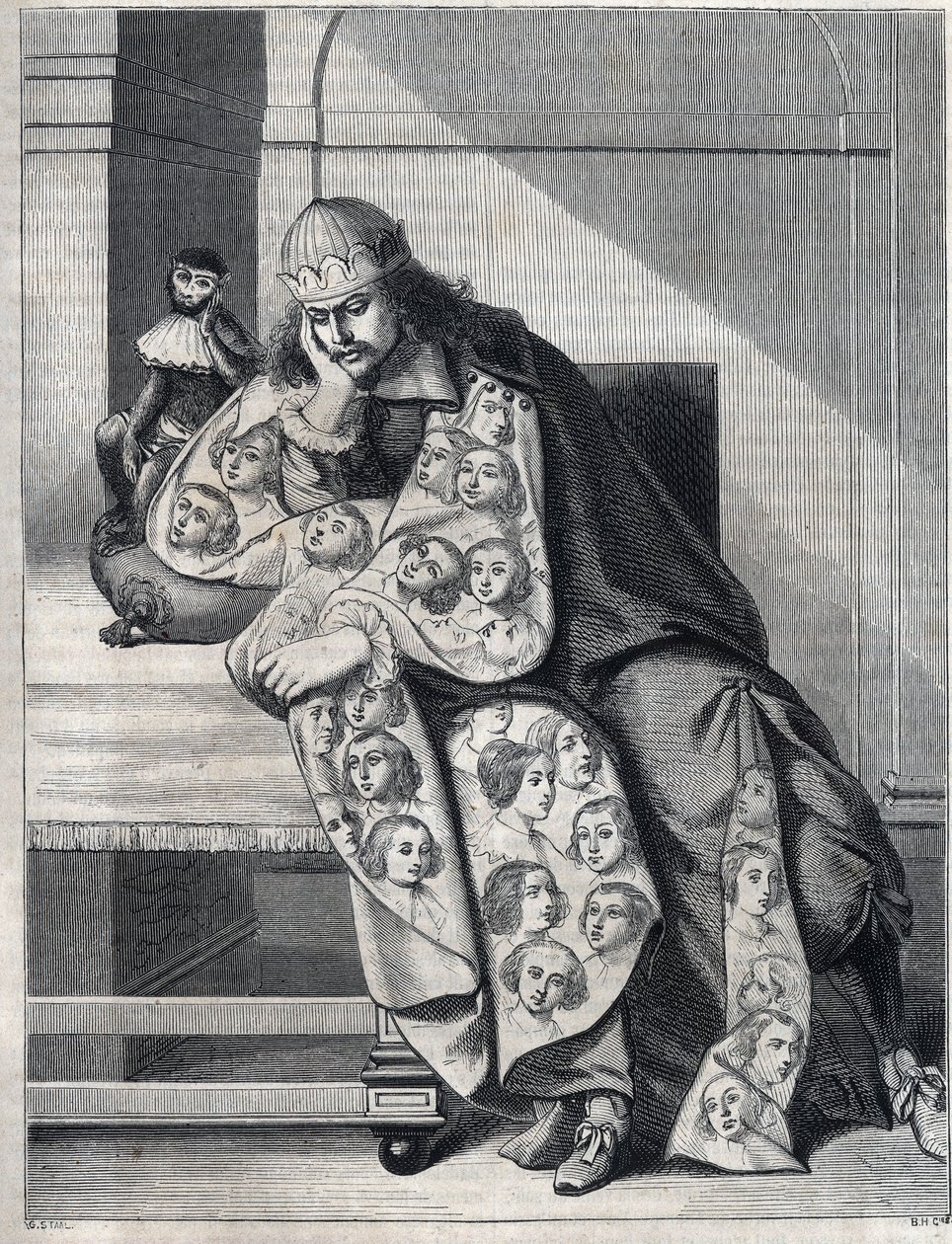 Manden fyldt med ondskab: en mand med en dobbelt frakke af kvindehoveder mediterer med en abe ved siden af. Gengivelse af et tryk af Abraham Bosse (1604-1676). af Abraham (after) Bosse