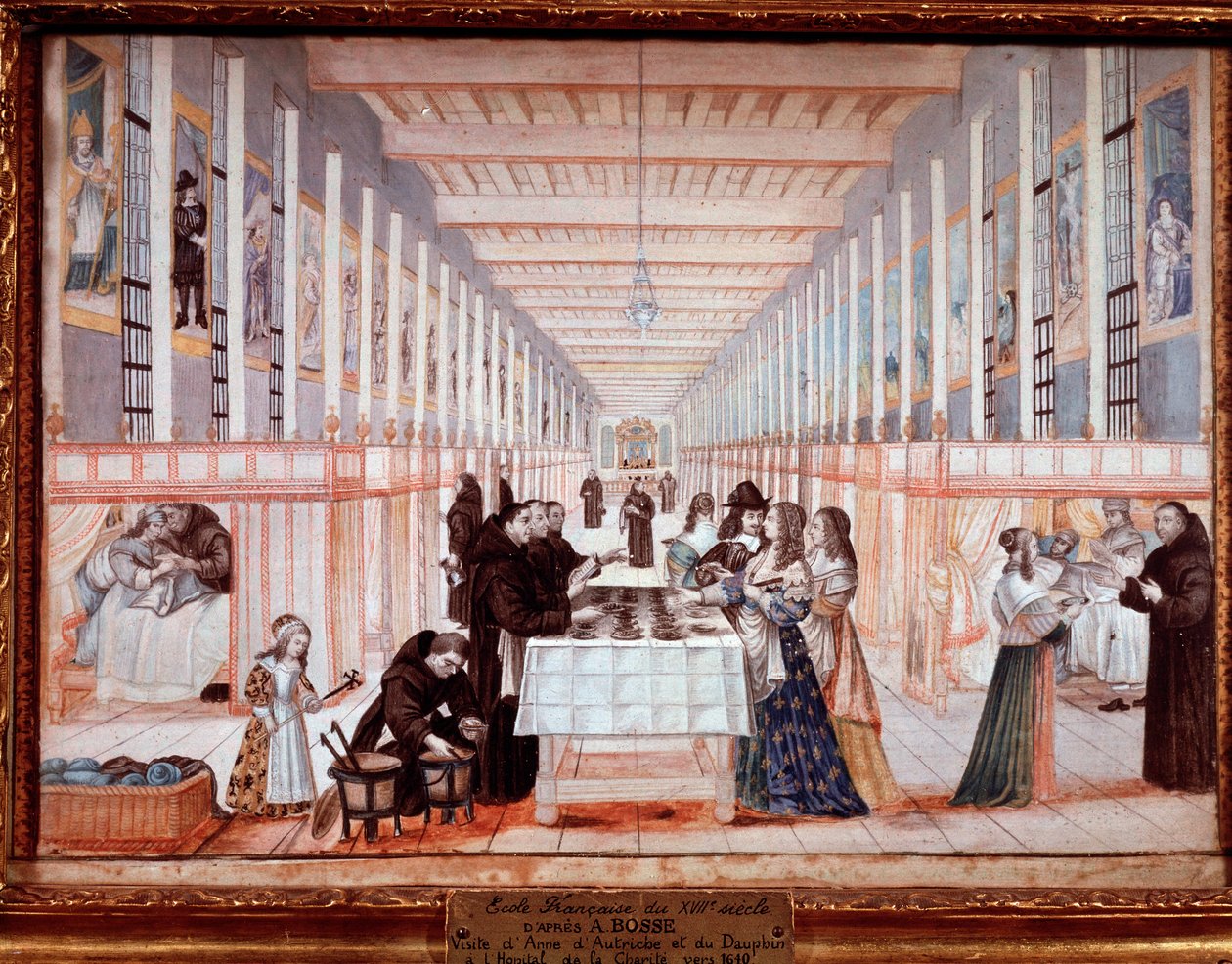 Besøg af Anne af Østrig på Hospital of the Sisters of Charity. Med delfinen (senere Louis IV) (gouache, ca. 1640) af Abraham (after) Bosse