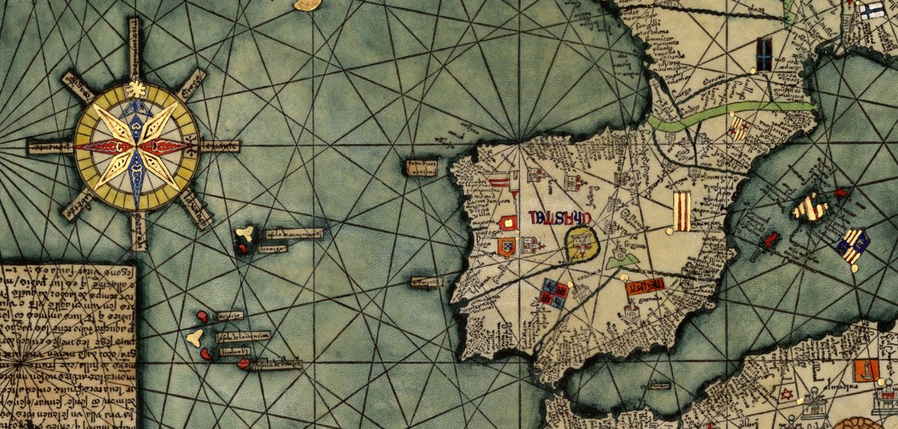 Detalje af det catalanske atlas, kopi af originalen skabt i 1375 (pen og farvet blæk på pergament) af Abraham (after) Cresques