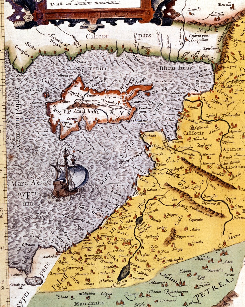 Historisk geografisk kort over Palæstina ifølge Atlas of Abraham Ortelius, Amsterdam af Abraham (after) Ortelius