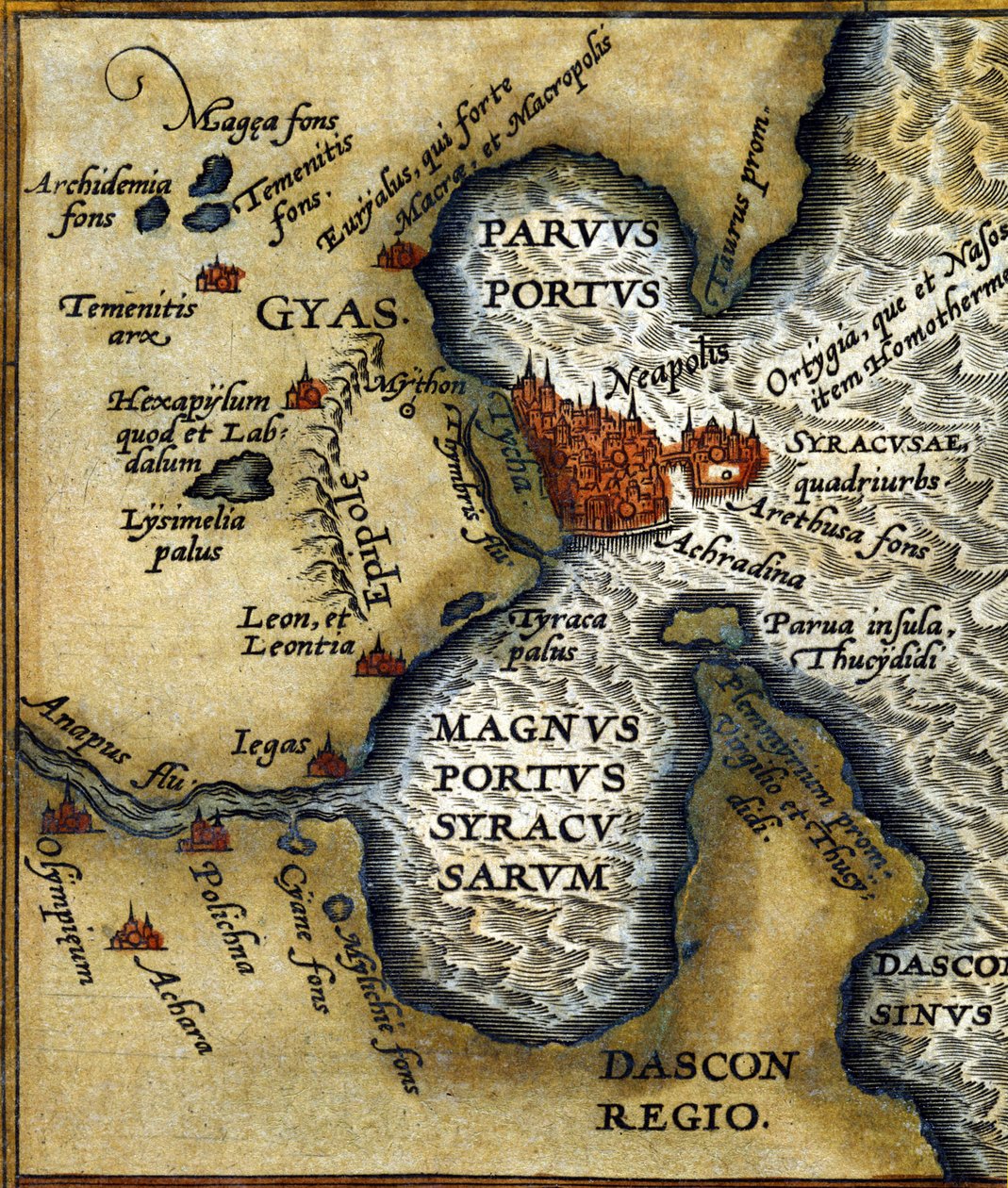 Den gamle havn i Syracusa på Sicilien efter Abraham Ortelius