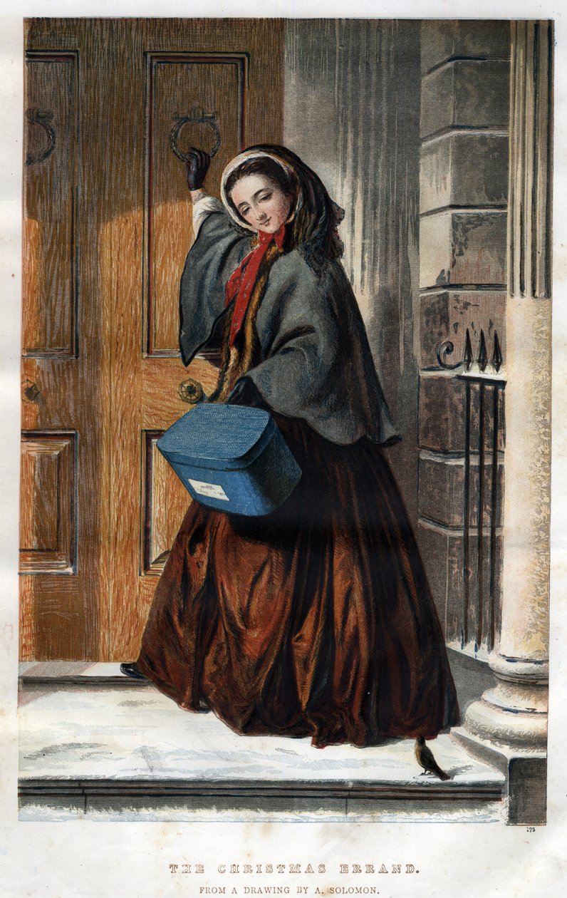 Juleløb: en elegant ung kvinde banker på døren til et hus med en pakke i hånden, illustration fra en tegning af Abraham Solomon (1824-1862) af Abraham (after) Solomon