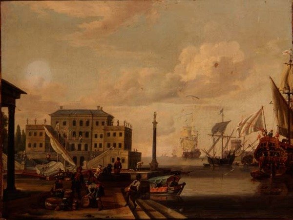 En capriccio af en Middelhavshavn med købmænd og skibsfart for anker af Abraham (follower of) Storck