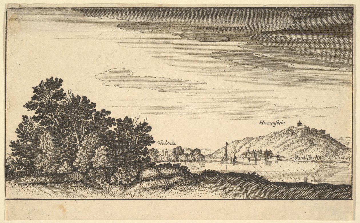 Landskab, der viser Coblentz og Harmenstein, kopi, 1600-tallet. af Abraham Aubri