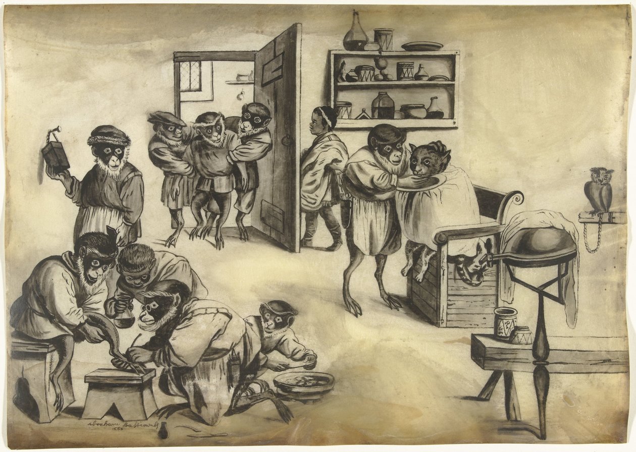 Frisørforretning med aber, ca. 1720 af Abraham Bastiaensz.
