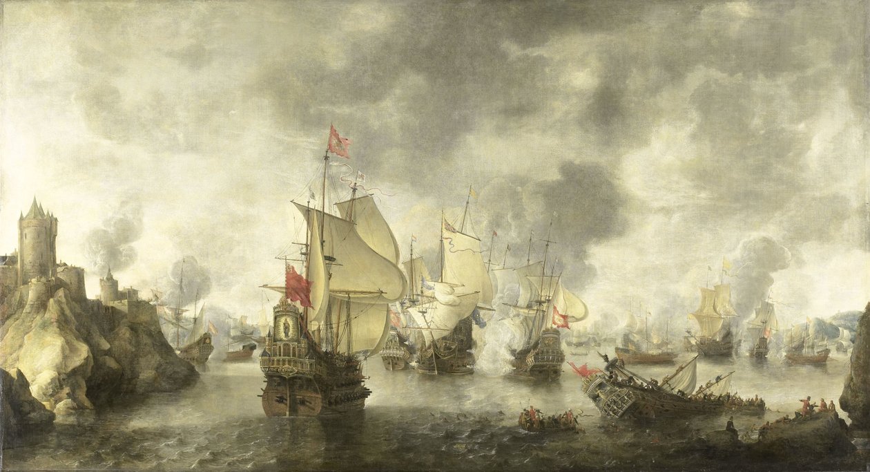 Slaget mellem de kombinerede venetianske og hollandske flåder mod tyrkerne i Foya-bugten, 1649 af Abraham Beerstraten
