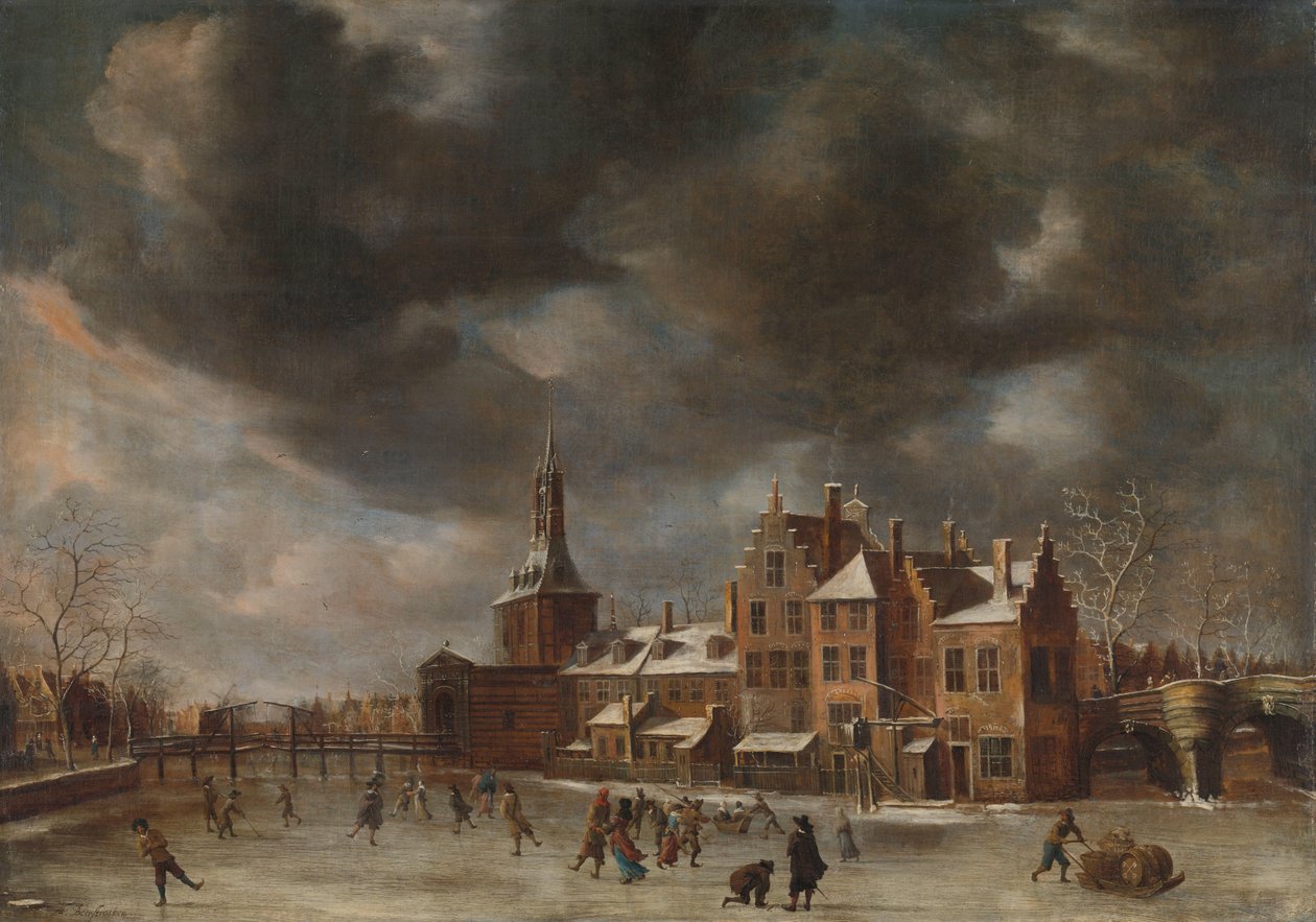 Blauwpoort i Leiden om vinteren af Abraham Beerstraten