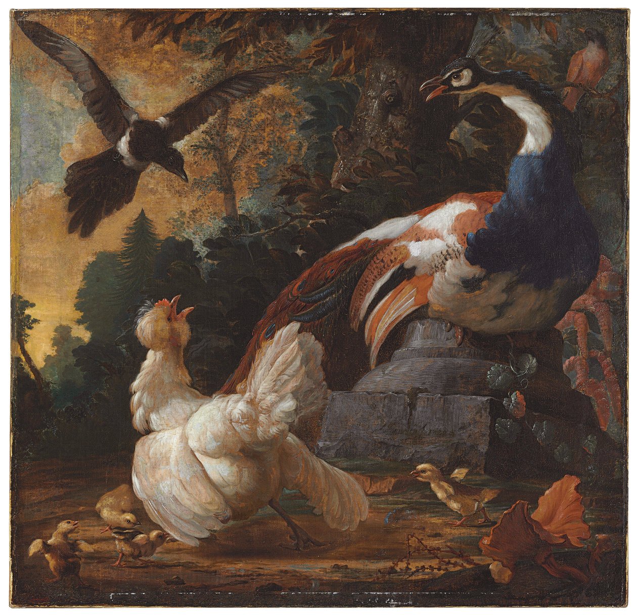 En påfugl, fjerkræ og en skate i et landskab, 1720 af Abraham Bisschop