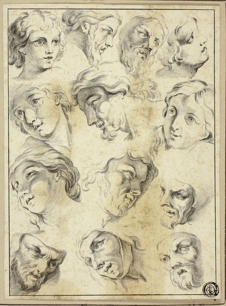 13 skitser af forskellige ansigter af Abraham Bloemaert