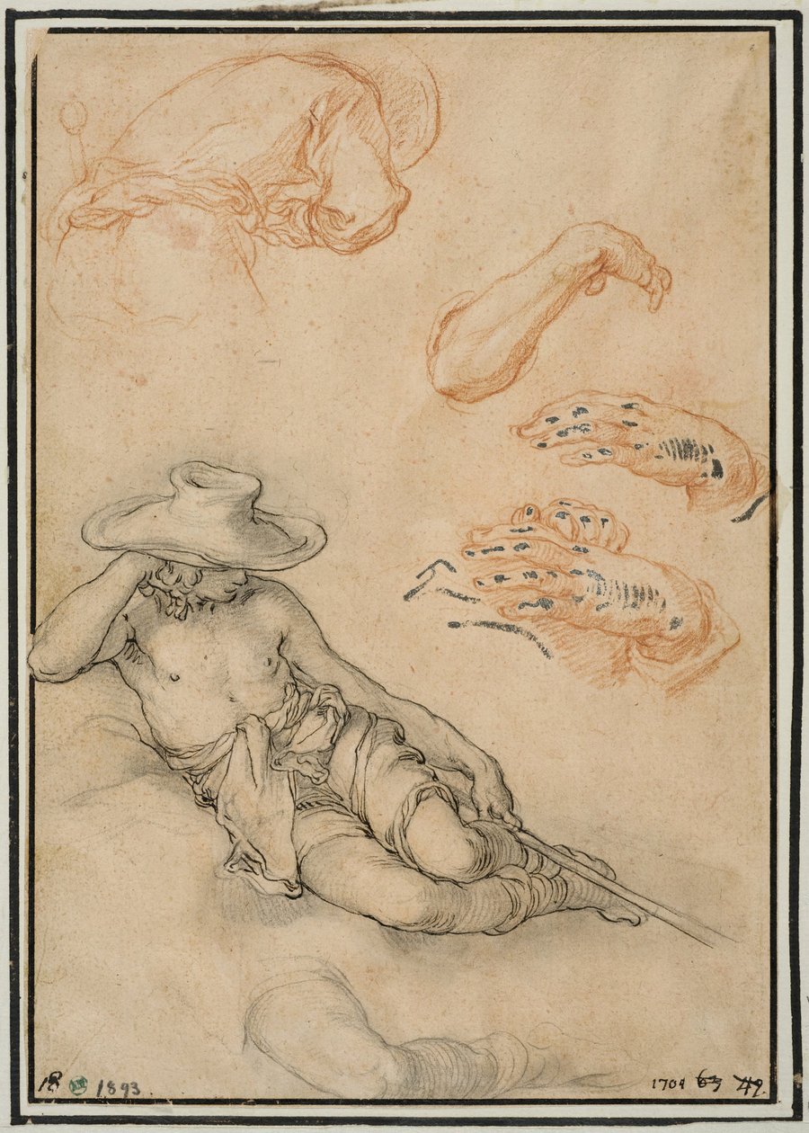 En hvilende hyrde, særskilte studier af hans ben og arm, en mand set bagfra og to hænder af Abraham Bloemaert