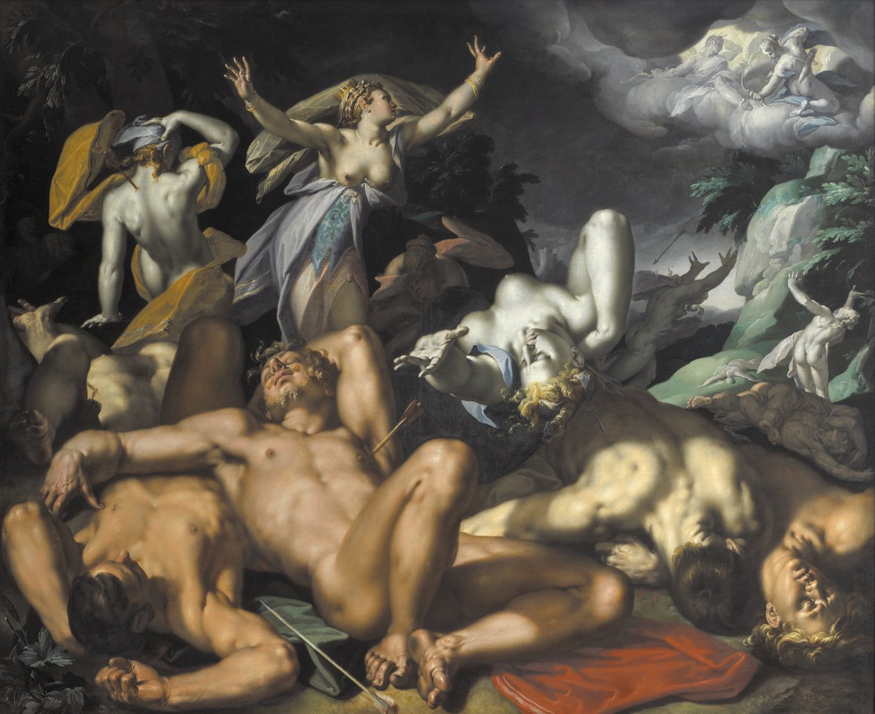 Apollo og Diana straffer Niobe ved at dræbe hendes børn af Abraham Bloemaert