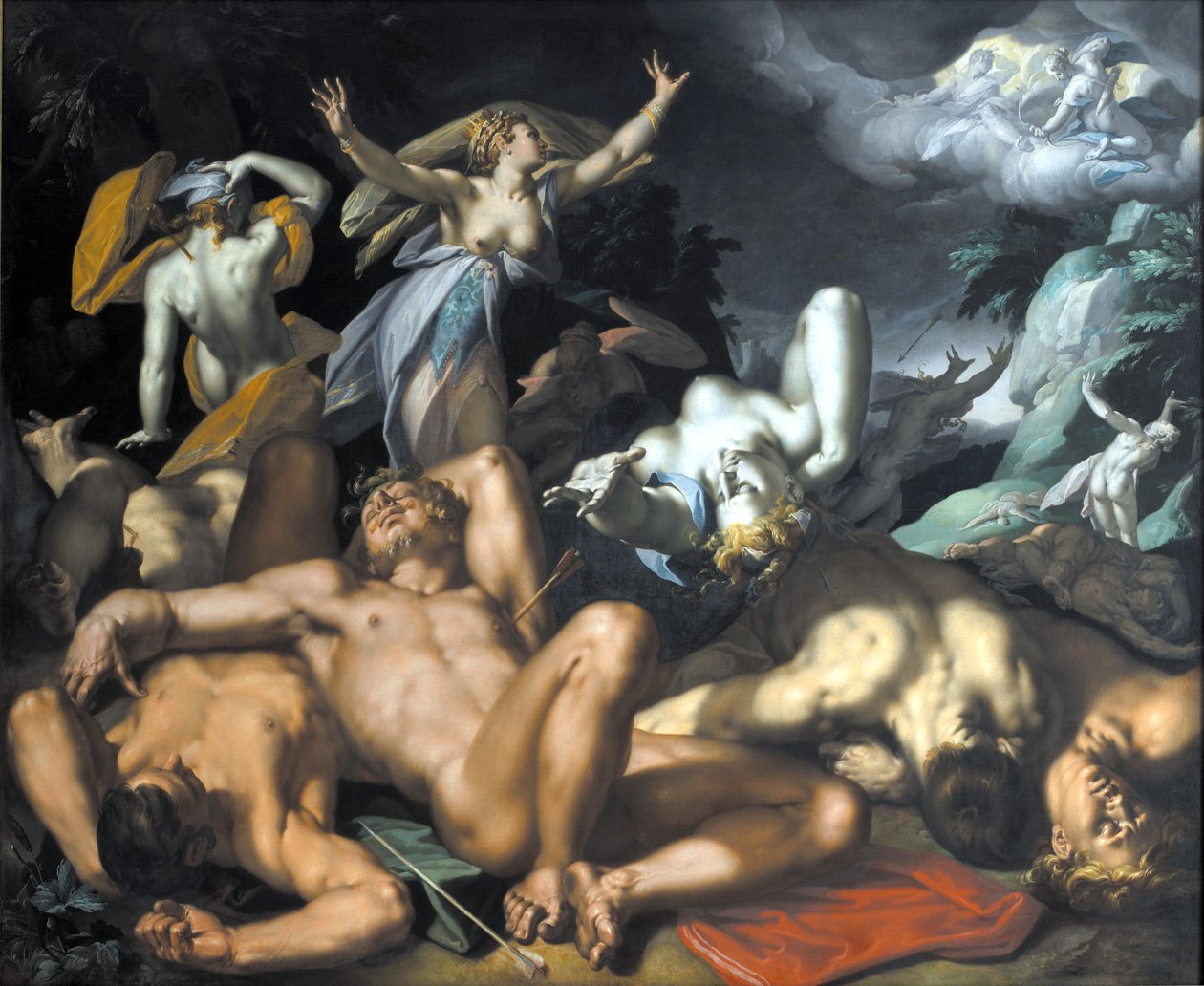 Danish: Apollon og Diana straffer Niobe ved at dræbe hendes børn Apollo and Diana Punishing Niobe by Killing her Children af Abraham Bloemaert