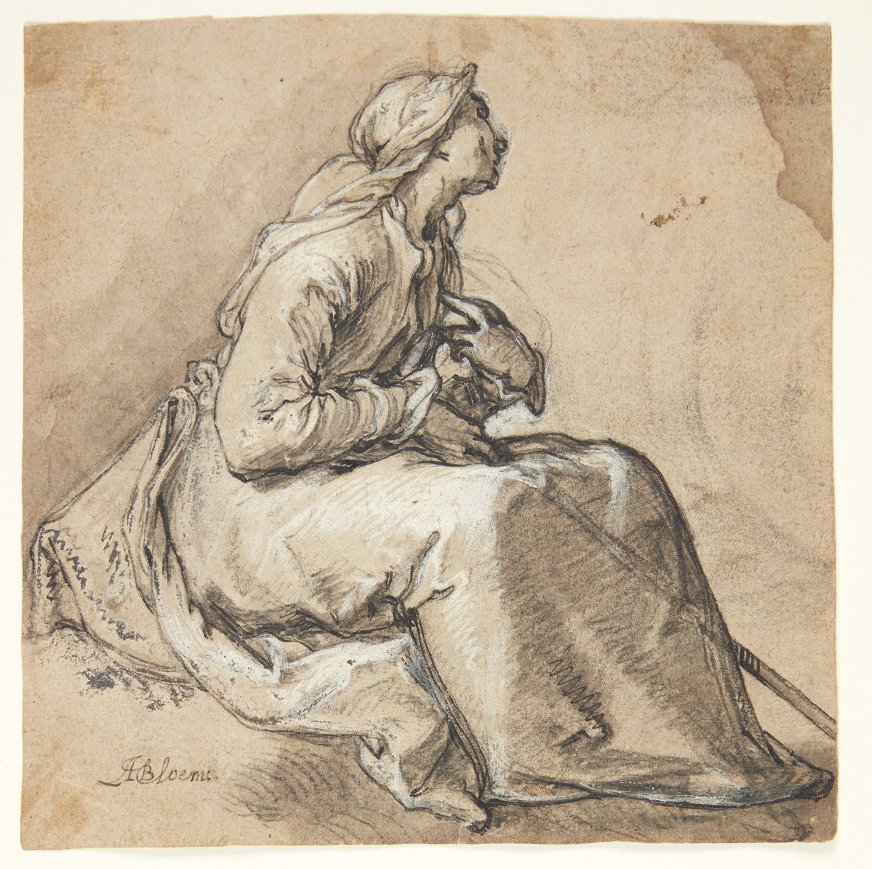 En siddende kvinde vendt mod højre, i en bønligt ydmyg stilling af Abraham Bloemaert