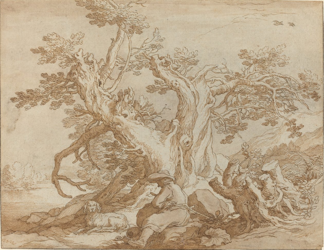 Landskab med siddende figur og hund af Abraham Bloemaert