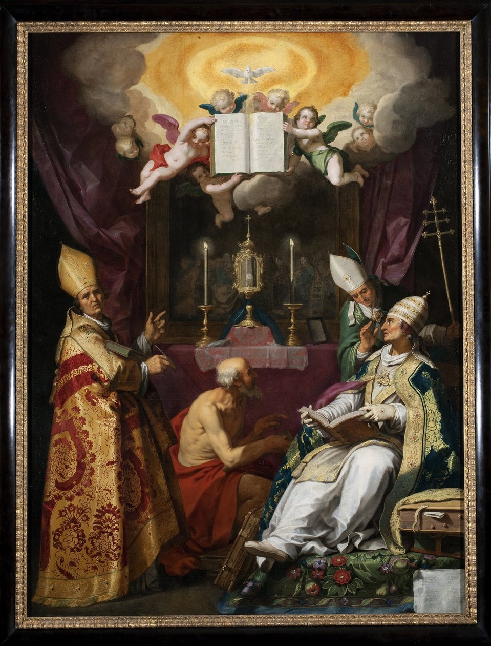 ""kirkens fire fædre"" Repræsentation af Sankt Ambrosius af Milano, Sankt Augustin af Hippo, Sankt Gregor den Store og Sankt Hieronymus - Maleri af Abraham Bloemaert (1566-1651) af Abraham Bloemaert